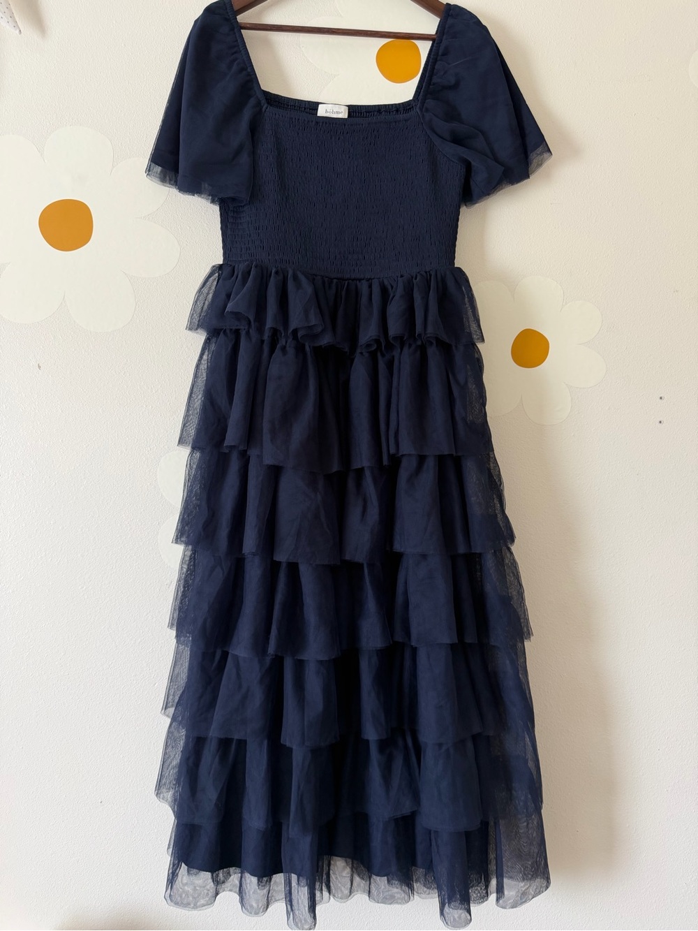 EUC Bohme Navy Mia Ruffled Tulle Smocked Maxi Dress - Picture 5 of 12